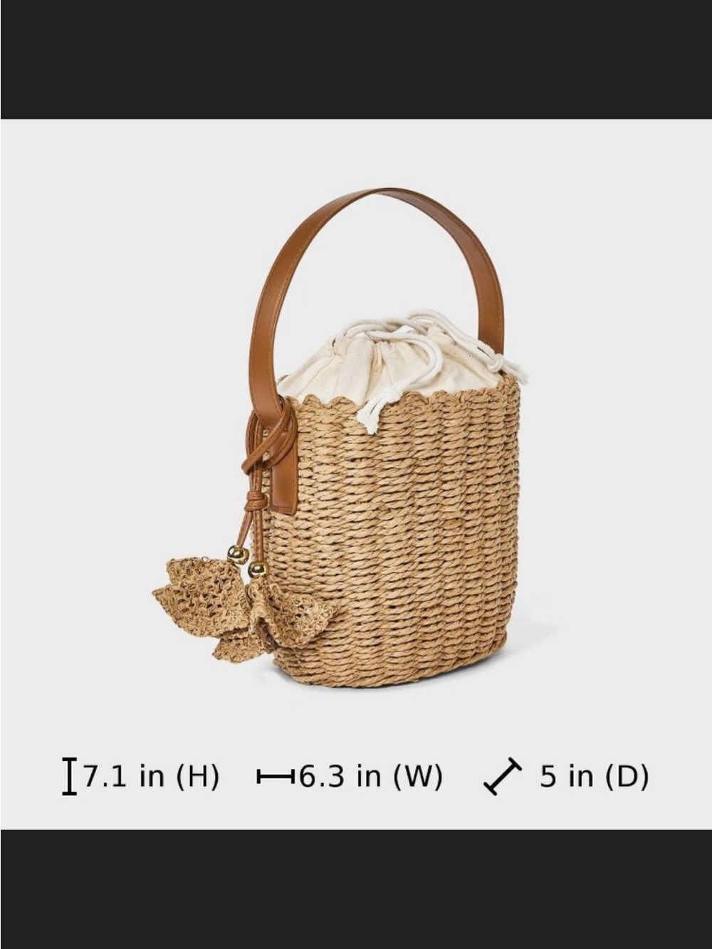 Woven Straw Bucket Bag with Cream Drawstring - Picture 4 of 5